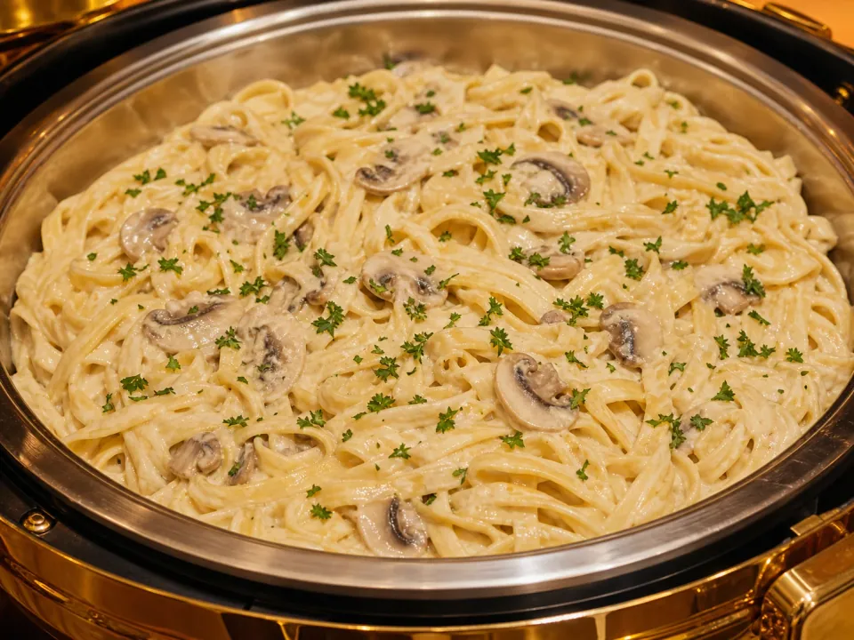 Creamy Alfredo pasta with mushrooms in a chafing dish