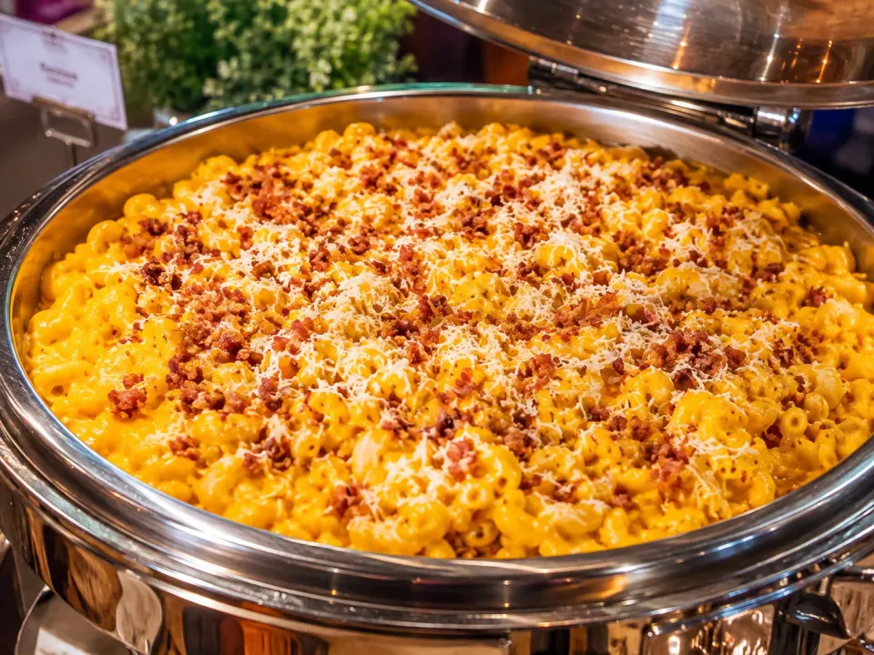 Baked macaroni with cheese and bacon in a chafing dish