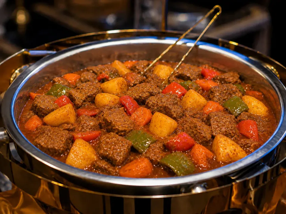 Beef caldereta with potatoes, carrots, and bell peppers in a chafing dish