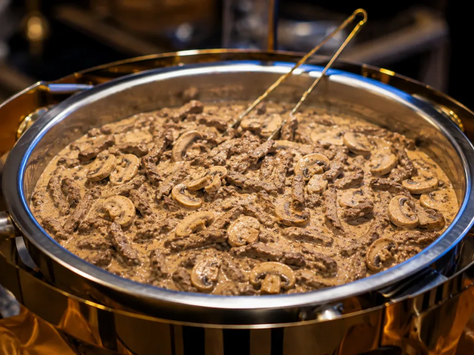 Beef with mushrooms in a creamy sauce, served in a chafing dish