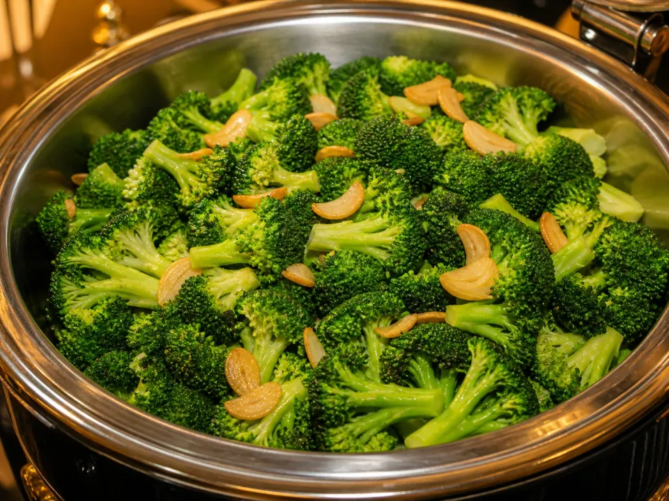 Broccoli with garlic in a chafing dish