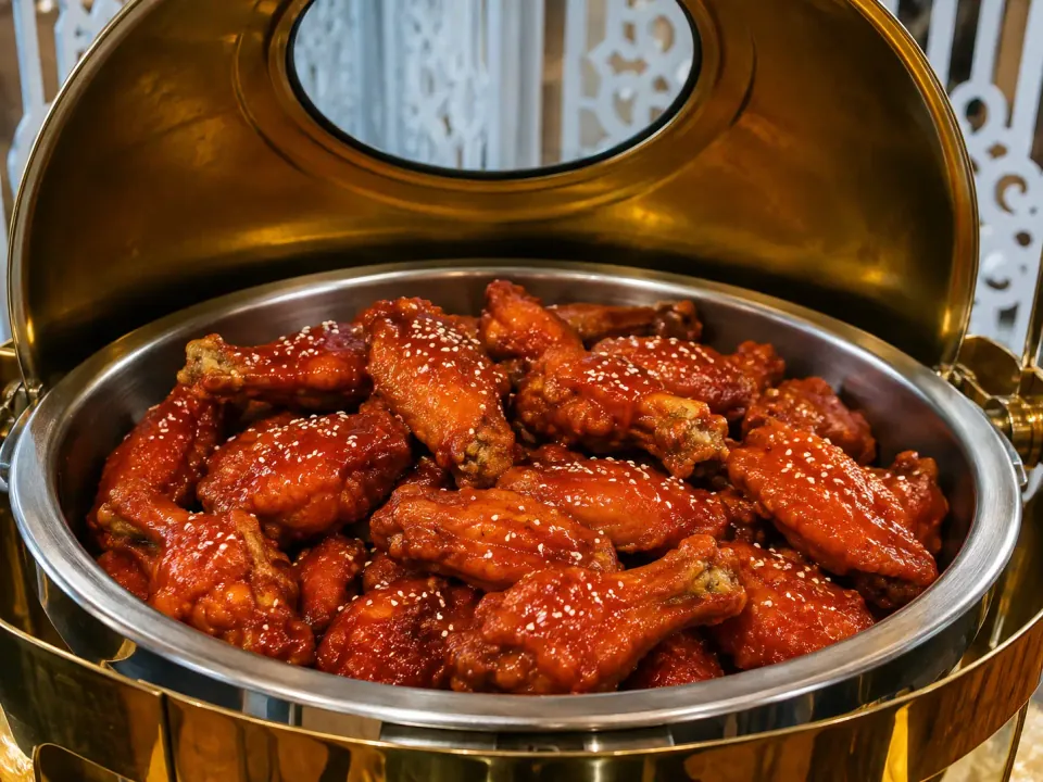 Buffalo chicken wings with sesame seeds in a chafing dish