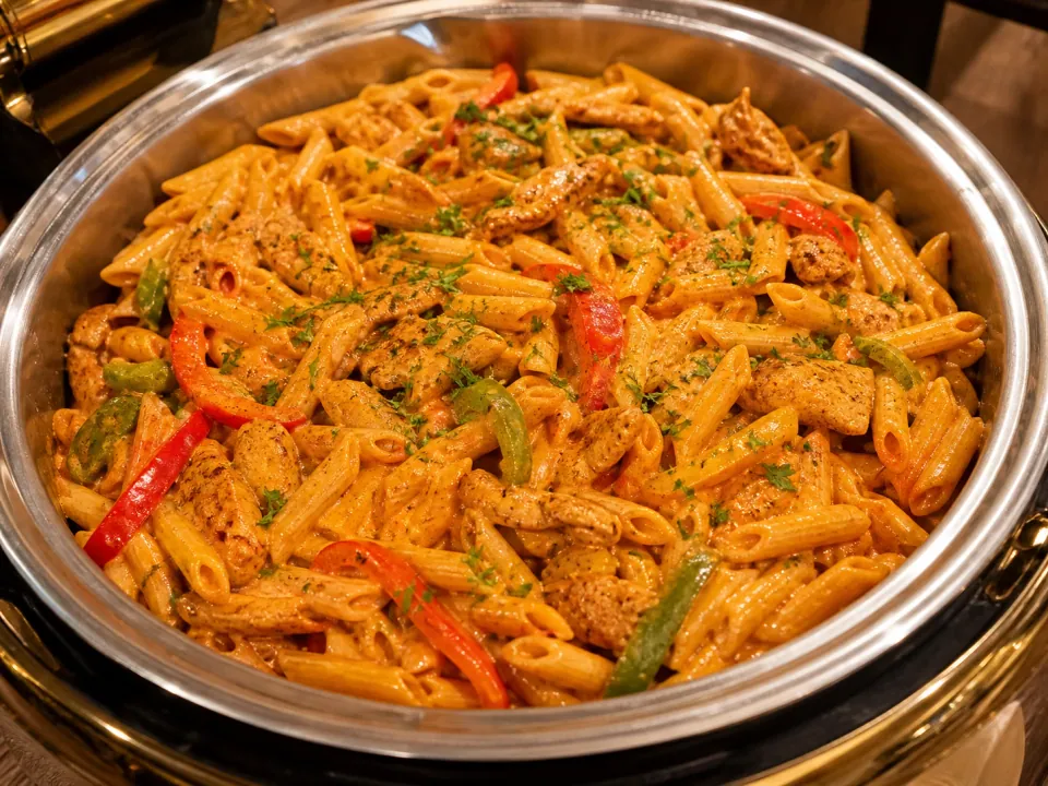 Cajun pasta with chicken and bell peppers in a chafing dish