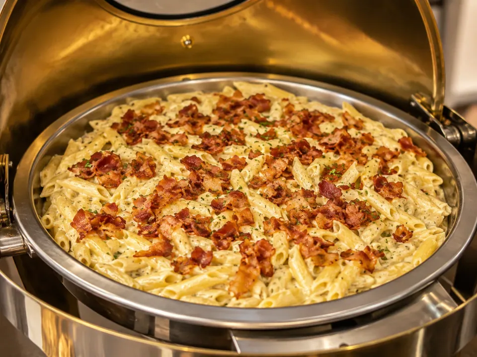 Creamy carbonara pasta with bacon in a chafing dish