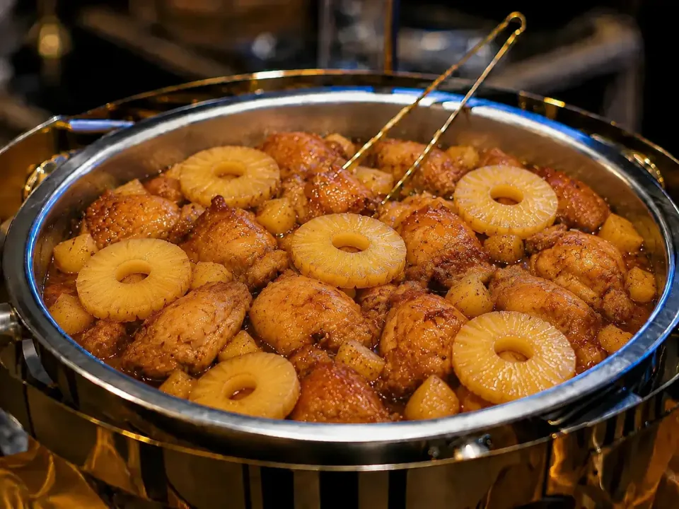 Chicken hamonado with pineapple and potatoes in a chafing dish