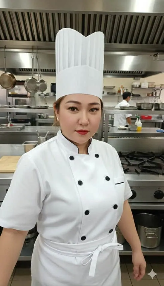 Chef Marianne P. Natanawan in chef uniform in a commercial kitchen