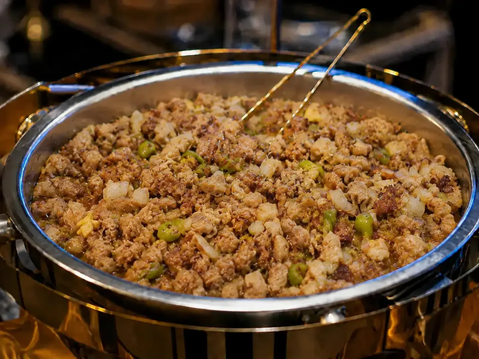 Pork sisig with onions and green peppers in a chafing dish
