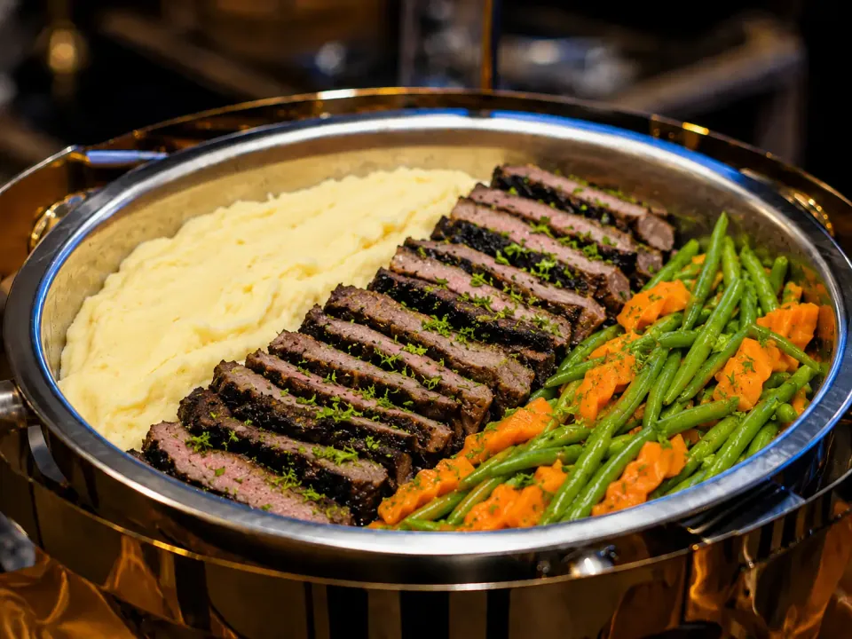 Roast beef with mashed potatoes and green beans in a chafing dish