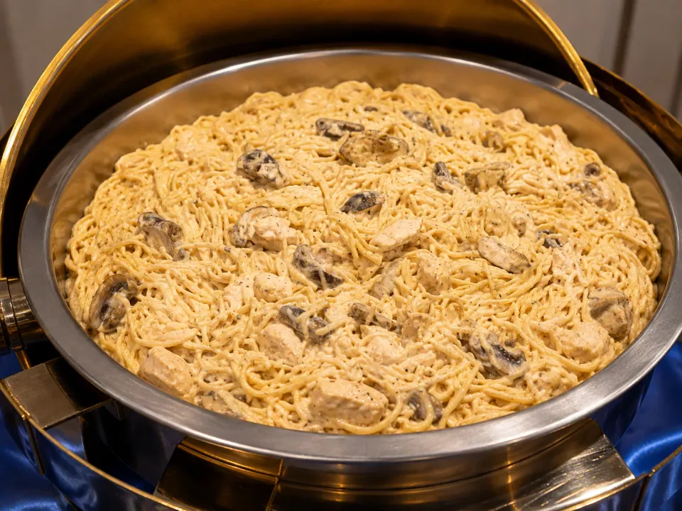 Creamy chicken and mushroom pasta in a chafing dish